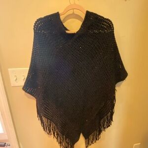 Simplicity Black Fringe Poncho Sweater With Subtle Sparkle​
